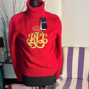 Lauren Ralph Lauren Red Turtleneck Sweater with Gold Logo